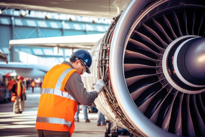 técnico aeronáutico reparando una turbina de una aeronave
