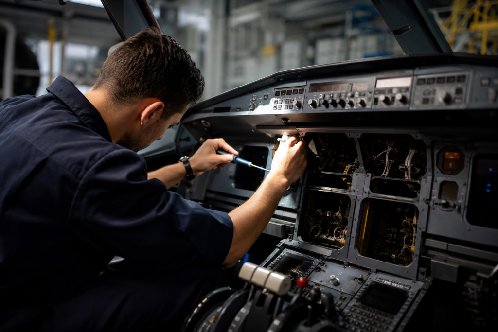 Técnico aviónico realizando tareas de mantenimiento en el panel de instrumentos de la cabina de un avión comercial, revisando sistemas electrónicos y cableado aeronáutico.
