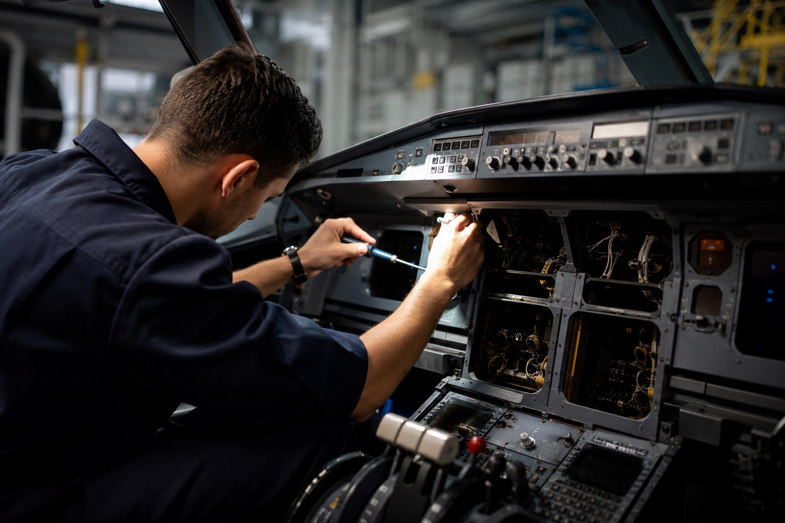 Técnico aviónico realizando tareas de mantenimiento en el panel de instrumentos de la cabina de un avión comercial, revisando sistemas electrónicos y cableado aeronáutico.
