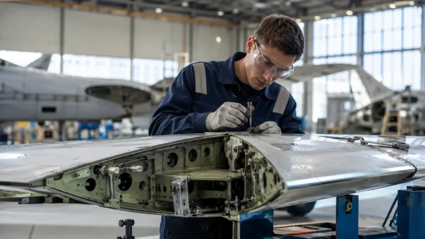 Técnico de mantenimiento aeronáutico trabajando en el montaje de una estructura de avión en un hangar industrial