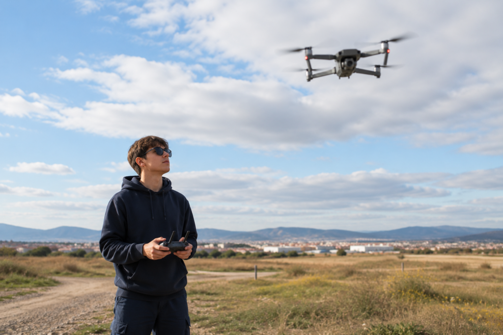 Joven con gafas de sol y sudadera operando el control remoto de un dron que vuela sobre un campo con montañas al fondo.