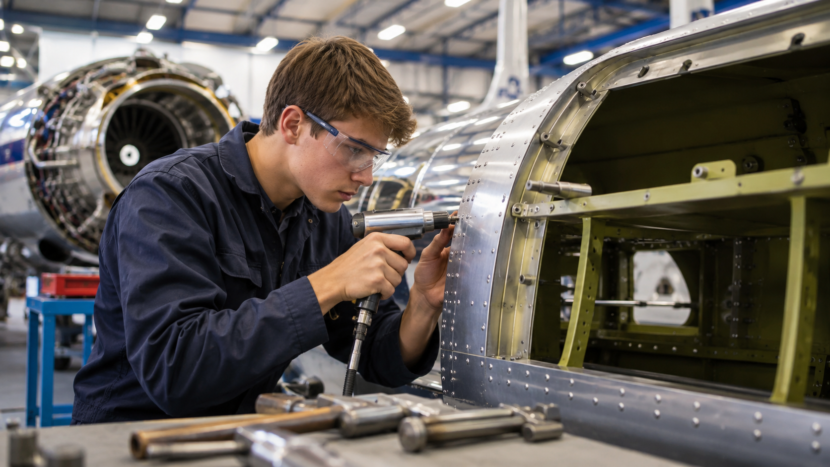 Joven estudiante con gafas de seguridad utilizando una remachadora neumática en la estructura metálica del fuselaje de un avión dentro de un taller o hangar.