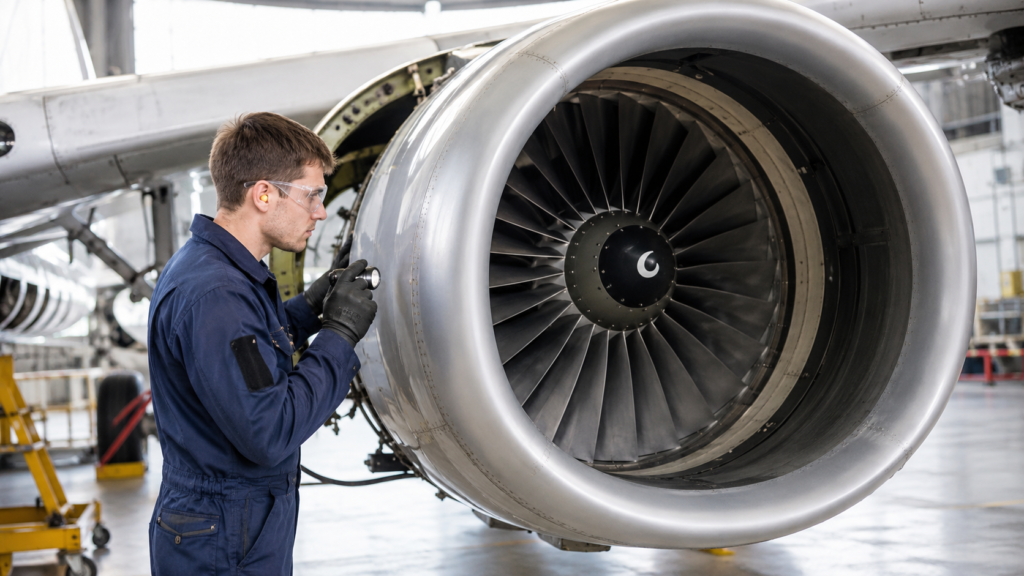Técnico de mantenimiento aeronáutico con mono azul, gafas de seguridad y protección auditiva inspeccionando las palas de un gran motor de avión comercial usando una linterna dentro de un hangar.