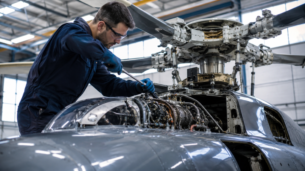 Técnico de mantenimiento aeronáutico con gafas de seguridad y guantes azules utilizando una llave mecánica para ajustar los componentes del motor y el rotor principal de un helicóptero en un hangar.