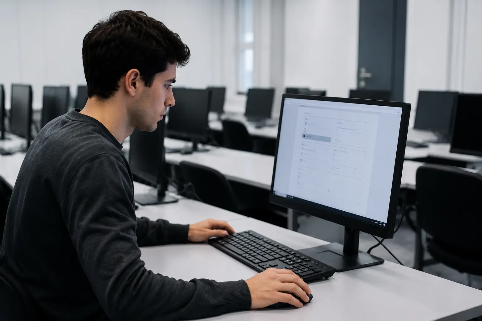 Candidato realizando un examen oficial de mantenimiento aeronáutico en un ordenador dentro de una sala de evaluación profesional con puestos informáticos.