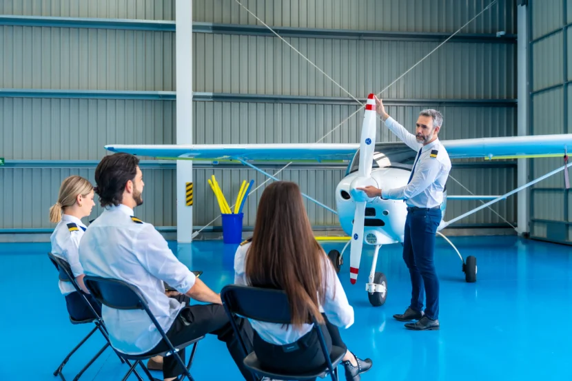 Instructor de vuelo explicando el funcionamiento de la hélice de una avioneta a tres alumnos sentados en un hangar.