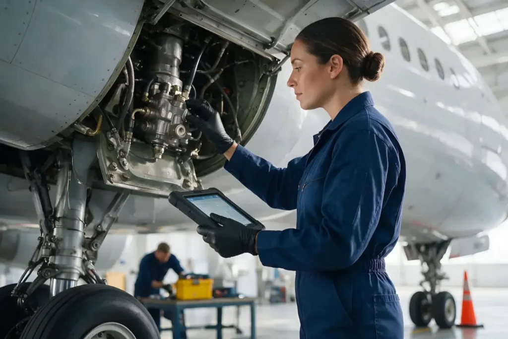 Mecánica de aviación con mono azul usando una tablet al inspeccionar los componentes mecánicos de un avión en un hangar.