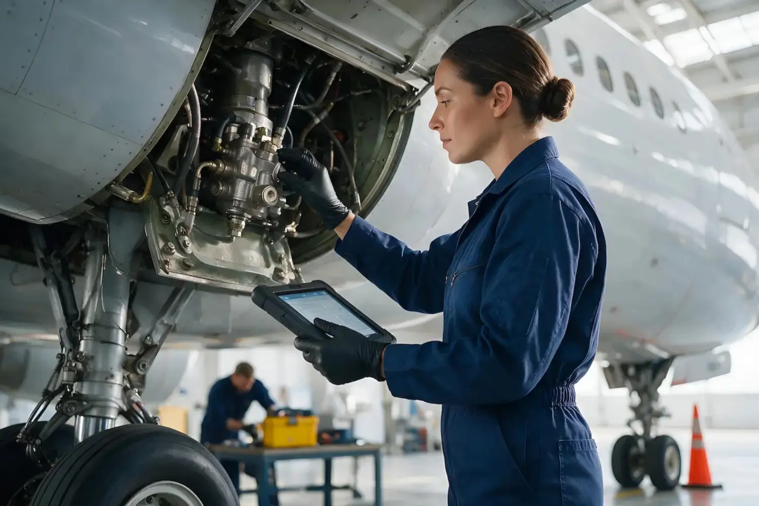 Mecánica de aviación con mono azul usando una tablet al inspeccionar los componentes mecánicos de un avión en un hangar.