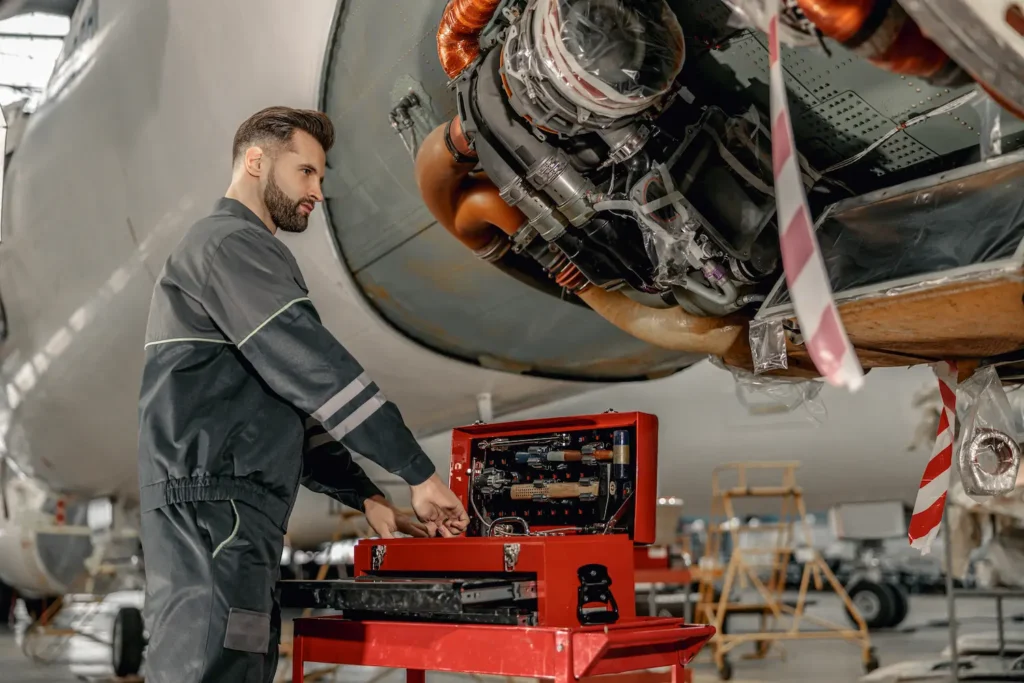 Mecánico aeronáutico en uniforme buscando herramientas en una caja roja bajo el motor expuesto de un avión.