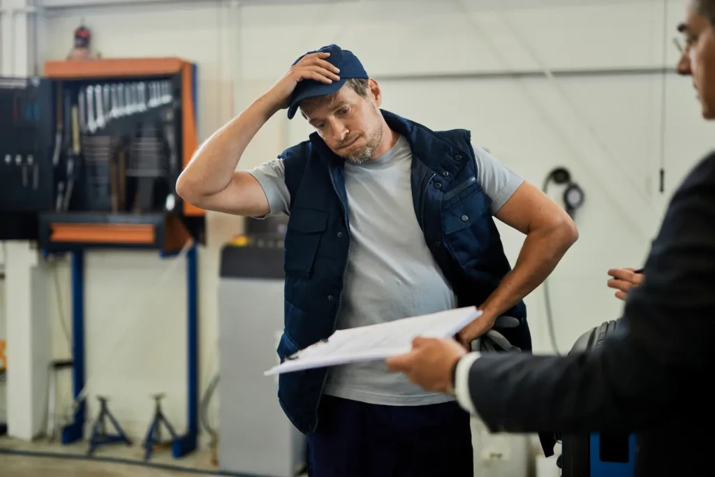 Mecánico estresado revisando papeles con un gerente vestido de traje dentro de un taller automotriz