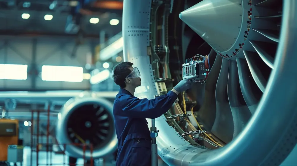 Ingeniero con uniforme y gafas protectoras ajustando instrumentos de medición precisos en la turbina de un motor de avión.