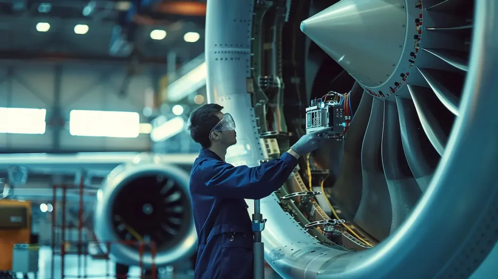Ingeniero con uniforme y gafas protectoras ajustando instrumentos de medición precisos en la turbina de un motor de avión.