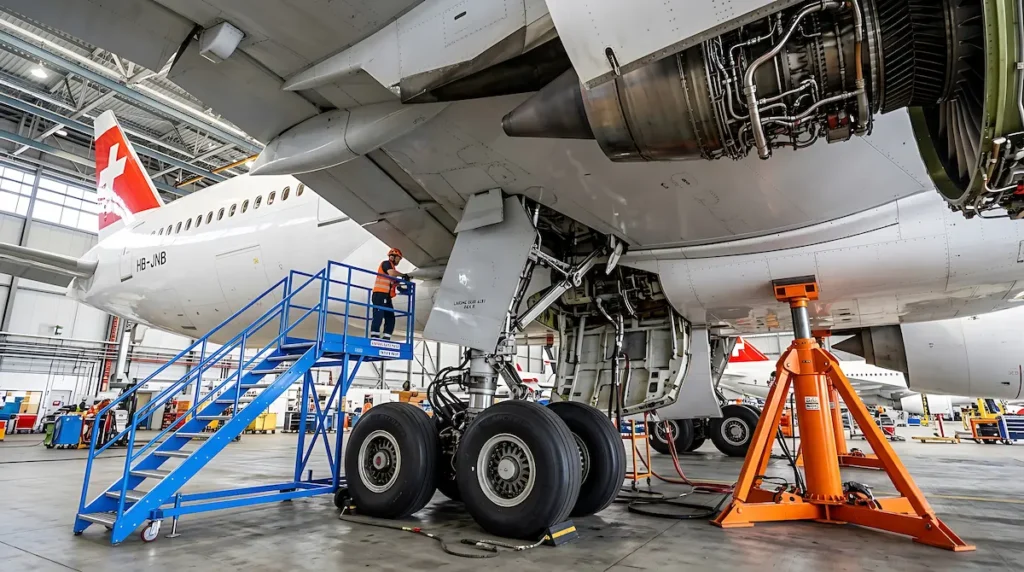 Mecánico con chaleco naranja sobre una escalera azul inspeccionando el tren de aterrizaje de un avión comercial en un hangar.