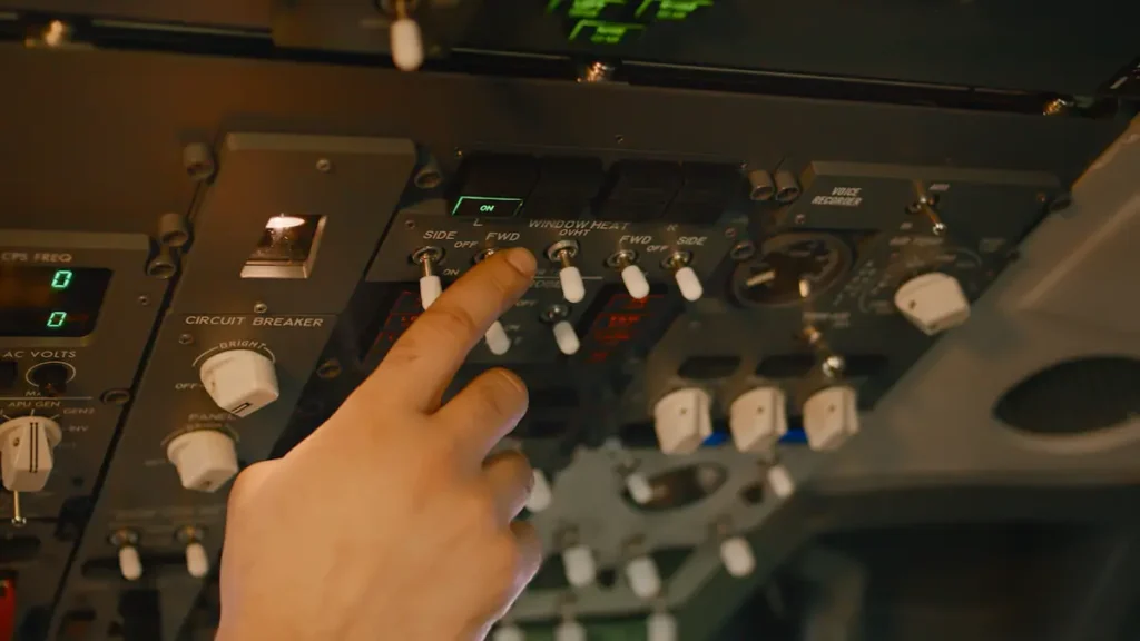 Mano de técnico accionando un interruptor en el panel de control superior dentro de la cabina de un avión comercial.