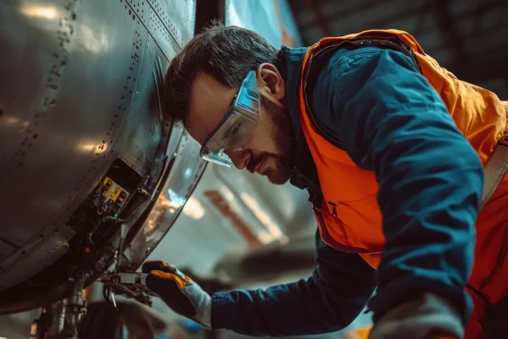 Mecánico con chaleco naranja y gafas de seguridad reparando componentes metálicos de un avión en un hangar.